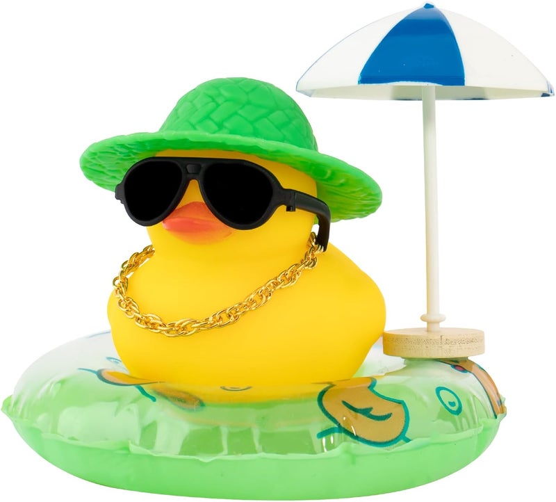 wonuu Rubber Duck Car Ornaments Duck Car Dashboard Decorations for Cute Car Accessories with Straw Hat Necklace Sun Umbrella and Sunglasses, Green - Image 1